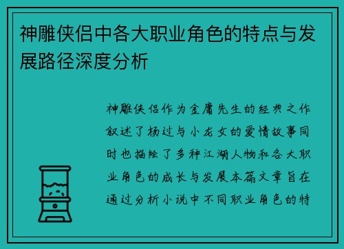 神雕侠侣中各大职业角色的特点与发展路径深度分析